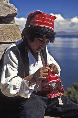 Boy Knitting on Taquile Island, Peru